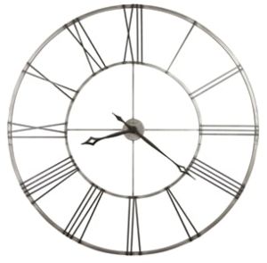 $359
Measures 49" diameter.
Wrought-iron wall clock finished in brushed nickel with applied charcoal black roman numerals. Stockton Clock