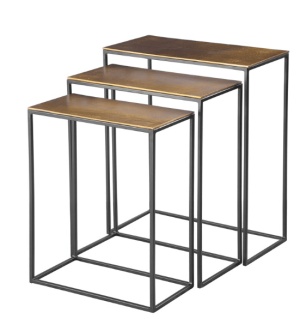 $439
Measures 21"L x 11"D x 26"H.
Black iron frame with textured aluminum top with a gold finish. Gold Nesting Tables